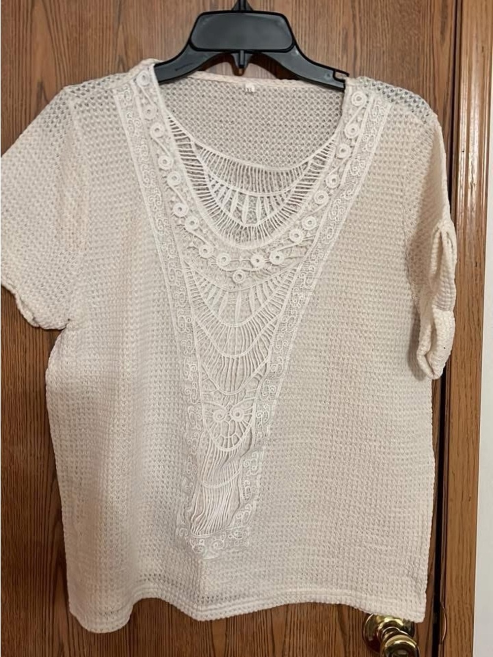 Women's Cream Crochet Lace Front Short Sleeve Top